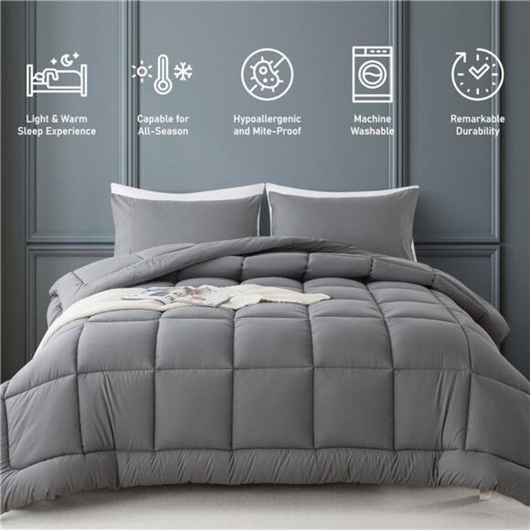 3-Piece Queen Size Down Alternative Comforter Set Dark Gray | Comforter + - Picture 2 of 7